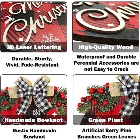 Merry Christmas Decoration Wreath Sign,Buffalo Plaid Welcome Sign for Front Door - Picture 7 of 7